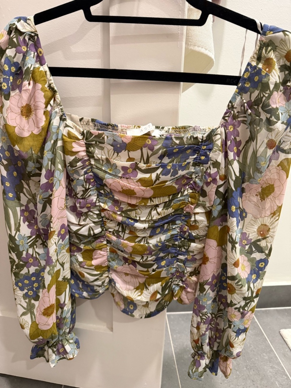 Astr Floral Ruched Puff-Sleeve Top — Cream with Pink, Blue & Olive Floral Print